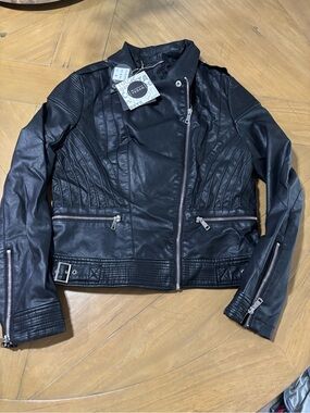 Black Vegan Leather Moto Jacket with Quilted Detail